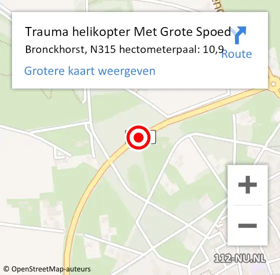 Locatie op kaart van de 112 melding: Trauma helikopter Met Grote Spoed Naar Bronckhorst, N315 hectometerpaal: 10,9 op 11 januari 2024 18:28