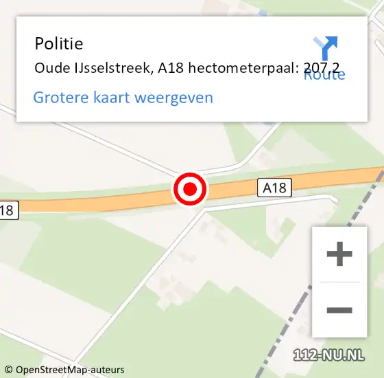Locatie op kaart van de 112 melding: Politie Oude IJsselstreek, A18 hectometerpaal: 207,2 op 11 januari 2024 18:42