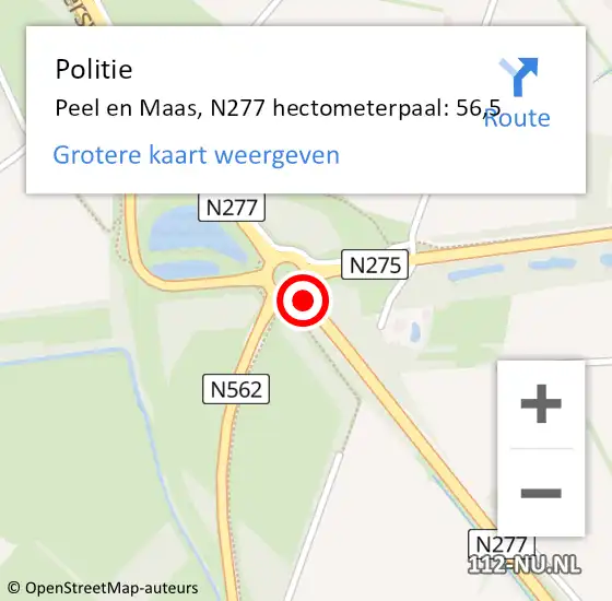 Locatie op kaart van de 112 melding: Politie Peel en Maas, N277 hectometerpaal: 56,5 op 11 januari 2024 20:23