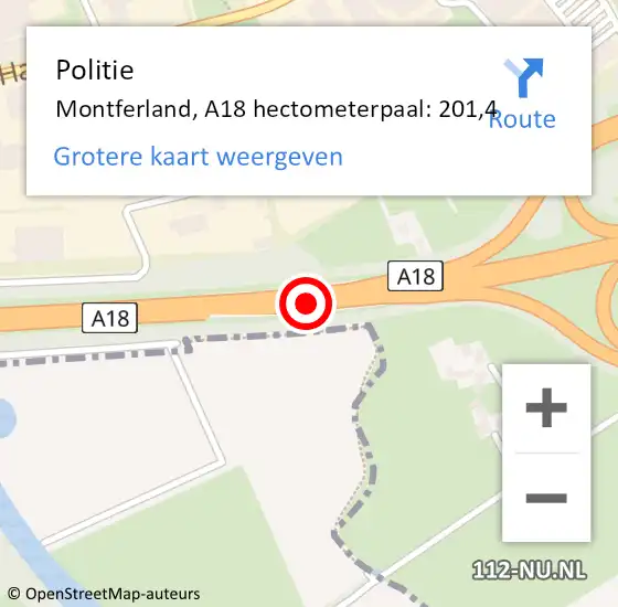 Locatie op kaart van de 112 melding: Politie Montferland, A18 hectometerpaal: 201,4 op 11 januari 2024 20:37