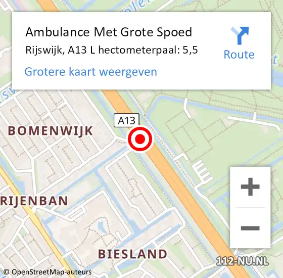 Locatie op kaart van de 112 melding: Ambulance Met Grote Spoed Naar Rijswijk, A13 L hectometerpaal: 5,5 op 21 september 2014 21:47