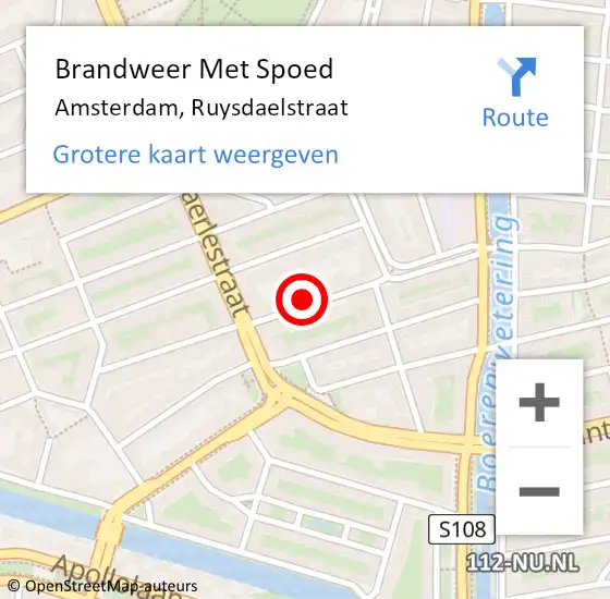 Locatie op kaart van de 112 melding: Brandweer Met Spoed Naar Amsterdam, Ruysdaelstraat op 12 januari 2024 10:50