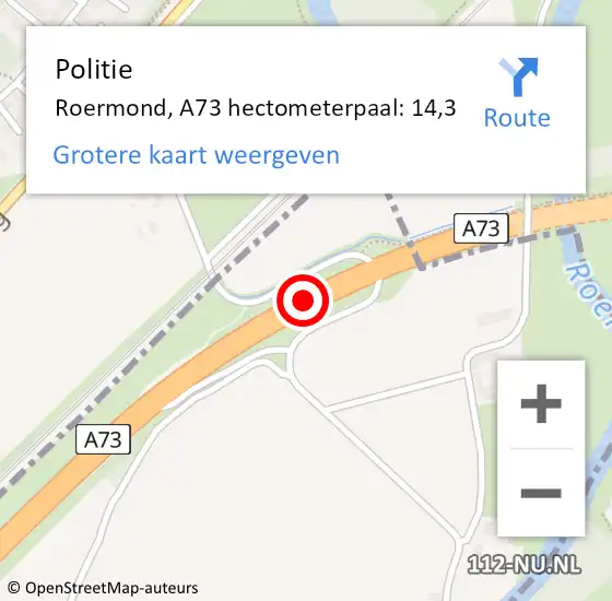Locatie op kaart van de 112 melding: Politie Roermond, A73 hectometerpaal: 14,3 op 12 januari 2024 15:57