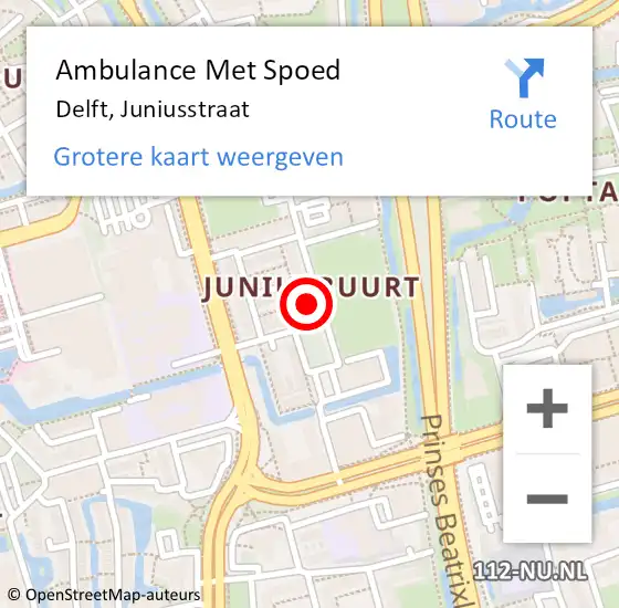Locatie op kaart van de 112 melding: Ambulance Met Spoed Naar Delft, Juniusstraat op 12 januari 2024 18:28