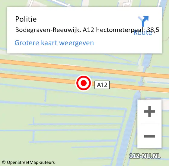Locatie op kaart van de 112 melding: Politie Bodegraven-Reeuwijk, A12 hectometerpaal: 38,5 op 12 januari 2024 18:41