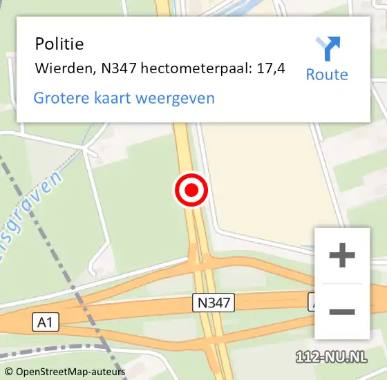 Locatie op kaart van de 112 melding: Politie Wierden, N347 hectometerpaal: 17,4 op 12 januari 2024 20:17