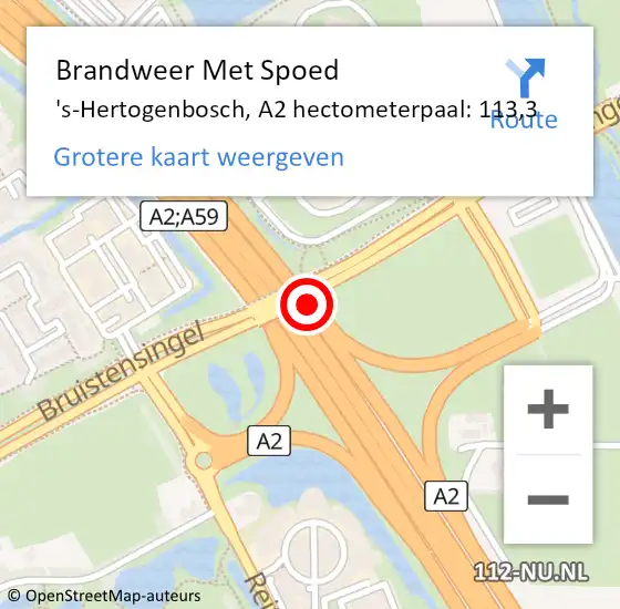 Locatie op kaart van de 112 melding: Brandweer Met Spoed Naar 's-Hertogenbosch, A2 hectometerpaal: 113,3 op 12 januari 2024 21:38