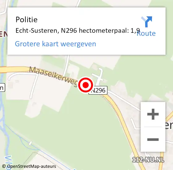 Locatie op kaart van de 112 melding: Politie Echt-Susteren, N296 hectometerpaal: 1,9 op 12 januari 2024 21:54