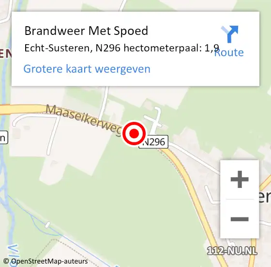 Locatie op kaart van de 112 melding: Brandweer Met Spoed Naar Echt-Susteren, N296 hectometerpaal: 1,9 op 12 januari 2024 21:54