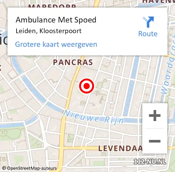 Locatie op kaart van de 112 melding: Ambulance Met Spoed Naar Leiden, Kloosterpoort op 13 januari 2024 13:31