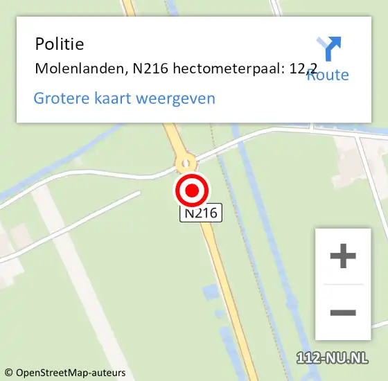 Locatie op kaart van de 112 melding: Politie Molenlanden, N216 hectometerpaal: 12,2 op 13 januari 2024 17:41
