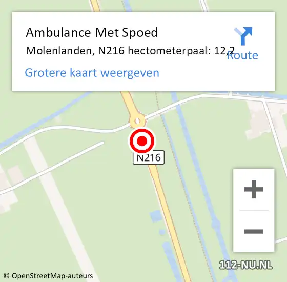 Locatie op kaart van de 112 melding: Ambulance Met Spoed Naar Molenlanden, N216 hectometerpaal: 12,2 op 13 januari 2024 17:43