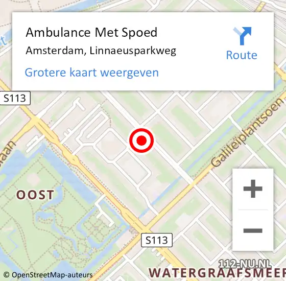 Locatie op kaart van de 112 melding: Ambulance Met Spoed Naar Amsterdam, Linnaeusparkweg op 13 januari 2024 20:31