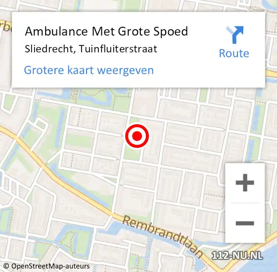 Locatie op kaart van de 112 melding: Ambulance Met Grote Spoed Naar Sliedrecht, Tuinfluiterstraat op 13 januari 2024 23:18