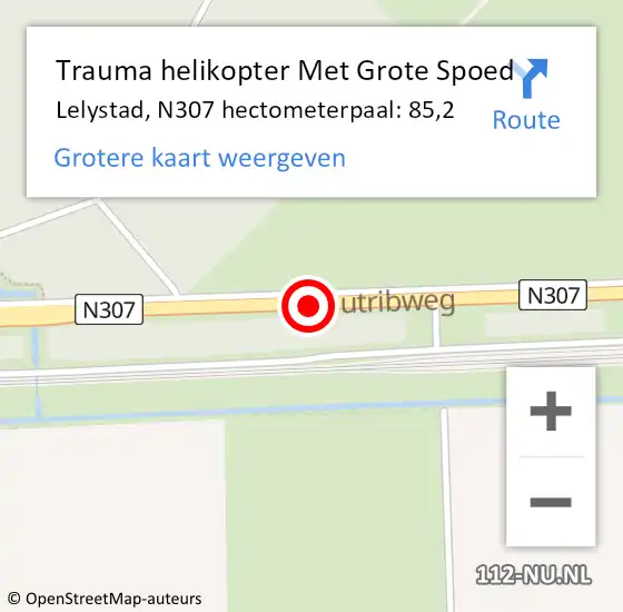 Locatie op kaart van de 112 melding: Trauma helikopter Met Grote Spoed Naar Lelystad, N307 hectometerpaal: 85,2 op 14 januari 2024 09:11