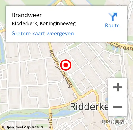 Locatie op kaart van de 112 melding: Brandweer Ridderkerk, Koninginneweg op 14 januari 2024 12:09