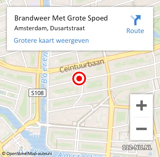 Locatie op kaart van de 112 melding: Brandweer Met Grote Spoed Naar Amsterdam, Dusartstraat op 14 januari 2024 14:23