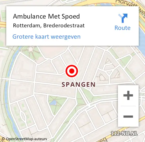 Locatie op kaart van de 112 melding: Ambulance Met Spoed Naar Rotterdam, Brederodestraat op 14 januari 2024 18:40