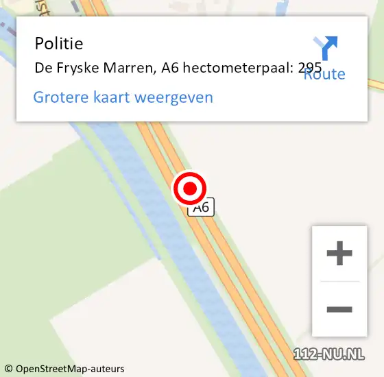 Locatie op kaart van de 112 melding: Politie De Fryske Marren, A6 hectometerpaal: 295 op 15 januari 2024 04:52