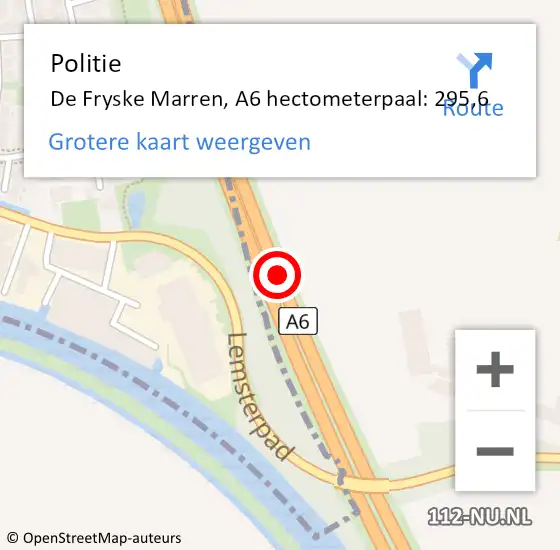 Locatie op kaart van de 112 melding: Politie De Fryske Marren, A6 hectometerpaal: 295,6 op 15 januari 2024 04:52