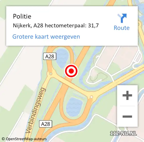 Locatie op kaart van de 112 melding: Politie Nijkerk, A28 hectometerpaal: 31,7 op 15 januari 2024 06:53