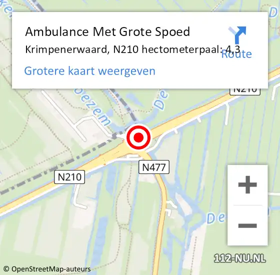 Locatie op kaart van de 112 melding: Ambulance Met Grote Spoed Naar Krimpenerwaard, N210 hectometerpaal: 4,3 op 15 januari 2024 08:03
