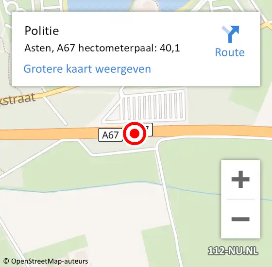 Locatie op kaart van de 112 melding: Politie Asten, A67 hectometerpaal: 40,1 op 15 januari 2024 08:11