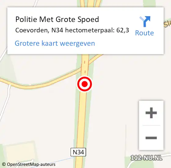 Locatie op kaart van de 112 melding: Politie Met Grote Spoed Naar Coevorden, N34 hectometerpaal: 62,3 op 15 januari 2024 10:15