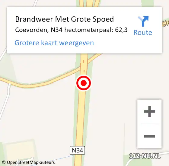 Locatie op kaart van de 112 melding: Brandweer Met Grote Spoed Naar Coevorden, N34 hectometerpaal: 62,3 op 15 januari 2024 10:17