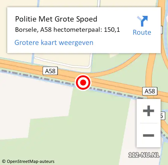 Locatie op kaart van de 112 melding: Politie Met Grote Spoed Naar Borsele, A58 hectometerpaal: 150,1 op 15 januari 2024 11:57