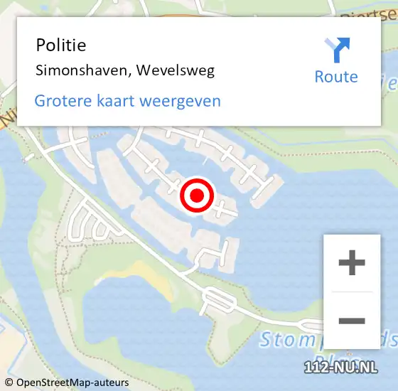 Locatie op kaart van de 112 melding: Politie Simonshaven, Wevelsweg op 15 januari 2024 18:48