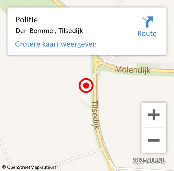 Locatie op kaart van de 112 melding: Politie Den Bommel, Tilsedijk op 15 januari 2024 21:27