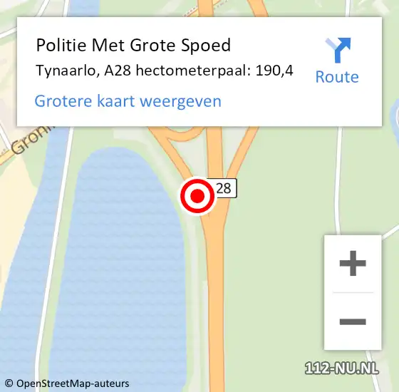 Locatie op kaart van de 112 melding: Politie Met Grote Spoed Naar Tynaarlo, A28 hectometerpaal: 190,4 op 15 januari 2024 21:56