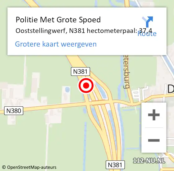 Locatie op kaart van de 112 melding: Politie Met Grote Spoed Naar Ooststellingwerf, N381 hectometerpaal: 37,4 op 15 januari 2024 23:21