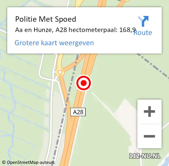 Locatie op kaart van de 112 melding: Politie Met Spoed Naar Aa en Hunze, A28 hectometerpaal: 168,9 op 16 januari 2024 04:44