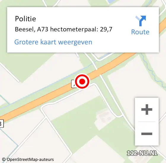 Locatie op kaart van de 112 melding: Politie Beesel, A73 hectometerpaal: 29,7 op 16 januari 2024 07:19