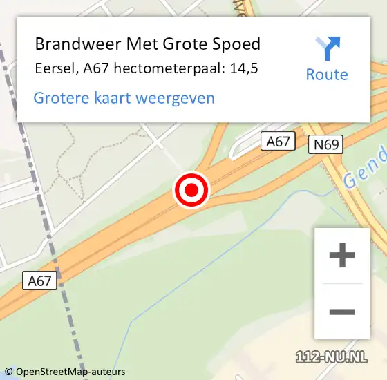 Locatie op kaart van de 112 melding: Brandweer Met Grote Spoed Naar Eersel, A67 hectometerpaal: 14,5 op 16 januari 2024 08:00