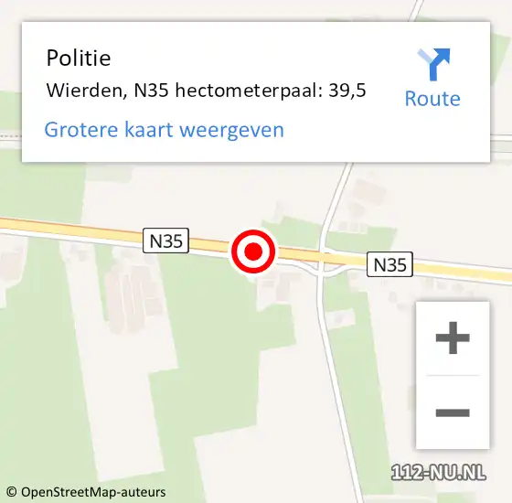 Locatie op kaart van de 112 melding: Politie Wierden, N35 hectometerpaal: 39,5 op 16 januari 2024 08:12