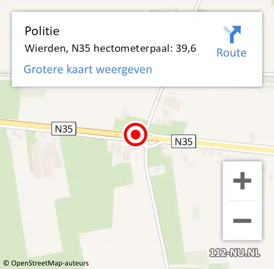 Locatie op kaart van de 112 melding: Politie Wierden, N35 hectometerpaal: 39,6 op 16 januari 2024 08:14