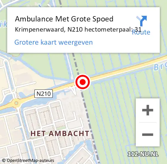 Locatie op kaart van de 112 melding: Ambulance Met Grote Spoed Naar Krimpenerwaard, N210 hectometerpaal: 31 op 16 januari 2024 10:54