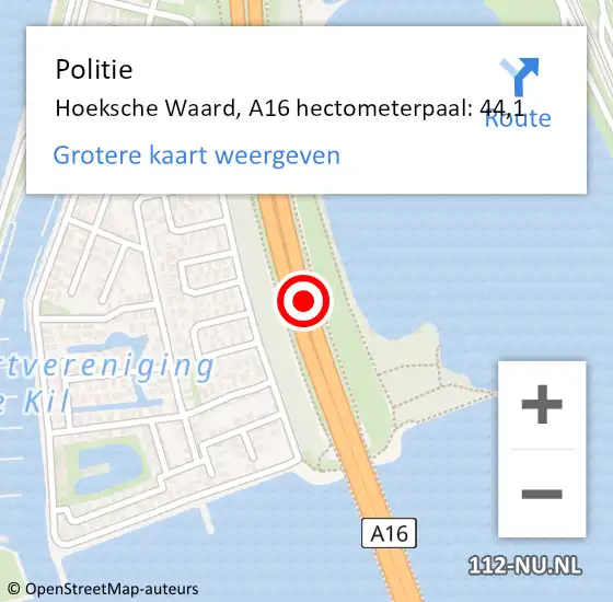 Locatie op kaart van de 112 melding: Politie Hoeksche Waard, A16 hectometerpaal: 44,1 op 16 januari 2024 11:21