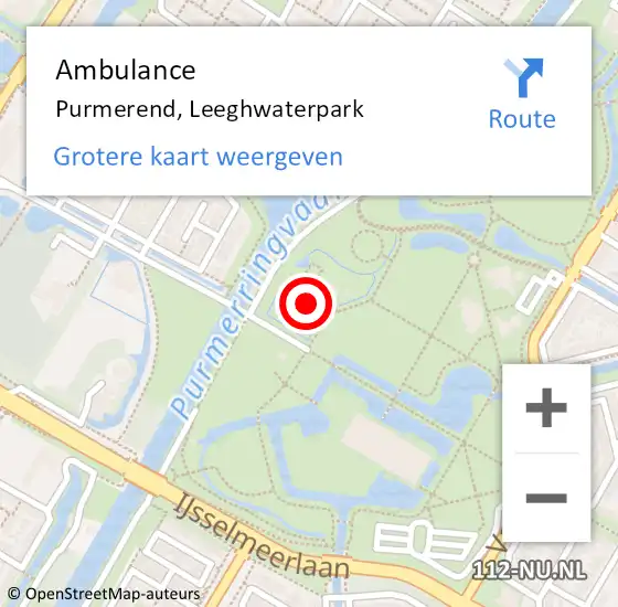 Locatie op kaart van de 112 melding: Ambulance Purmerend, Leeghwaterpark op 16 januari 2024 18:47