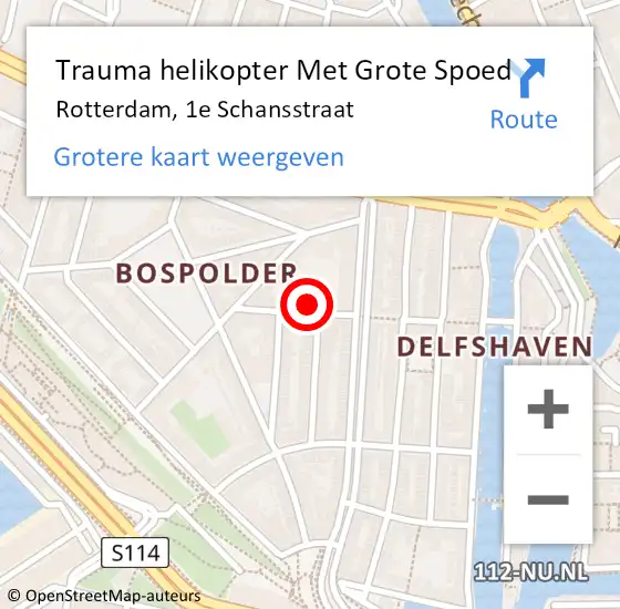 Locatie op kaart van de 112 melding: Trauma helikopter Met Grote Spoed Naar Rotterdam, 1e Schansstraat op 16 januari 2024 21:24