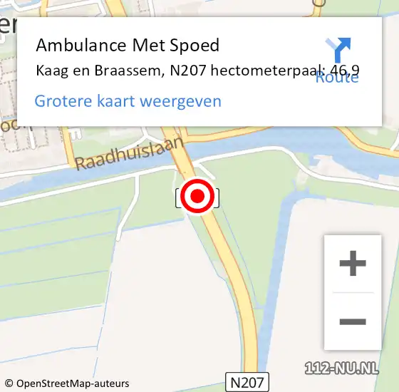 Locatie op kaart van de 112 melding: Ambulance Met Spoed Naar Kaag en Braassem, N207 hectometerpaal: 46,9 op 17 januari 2024 08:50