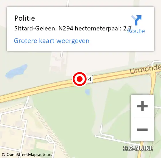 Locatie op kaart van de 112 melding: Politie Sittard-Geleen, N294 hectometerpaal: 2,7 op 17 januari 2024 18:51
