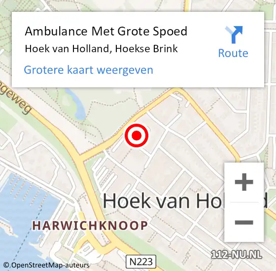 Locatie op kaart van de 112 melding: Ambulance Met Grote Spoed Naar Hoek van Holland, Hoekse Brink op 17 januari 2024 21:35