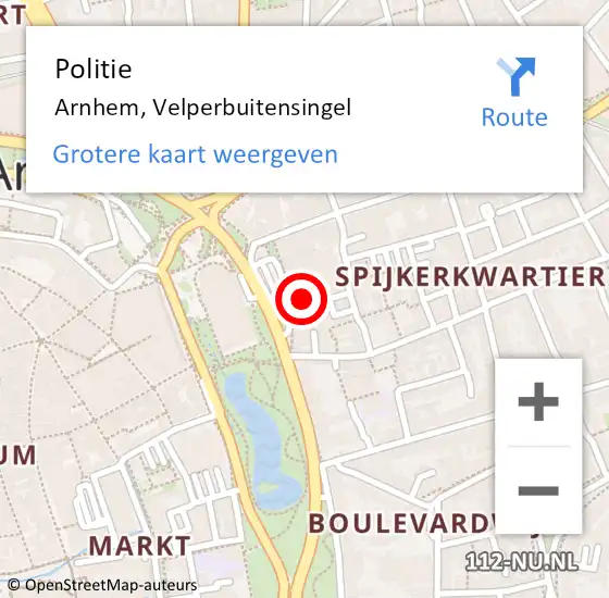 Locatie op kaart van de 112 melding: Politie Arnhem, Velperbuitensingel op 18 januari 2024 12:50