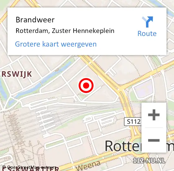 Locatie op kaart van de 112 melding: Brandweer Rotterdam, Zuster Hennekeplein op 18 januari 2024 16:47