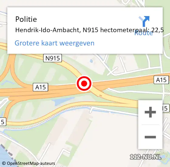 Locatie op kaart van de 112 melding: Politie Hendrik-Ido-Ambacht, N915 hectometerpaal: 22,5 op 18 januari 2024 19:37