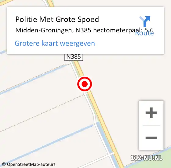 Locatie op kaart van de 112 melding: Politie Met Grote Spoed Naar Midden-Groningen, N385 hectometerpaal: 5,6 op 19 januari 2024 05:24